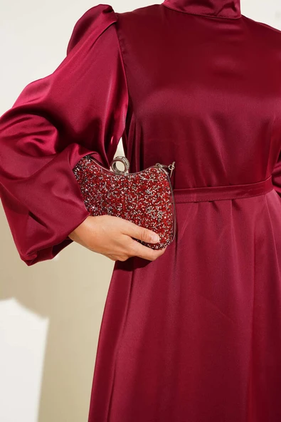 Balon Kol Saten Abiye Bordo - Resim 4