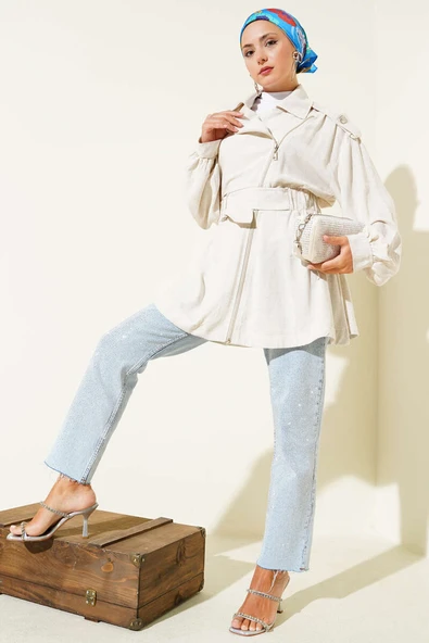 Çapraz Fermuarlı Kemerli Ceket Bej - Resim 2