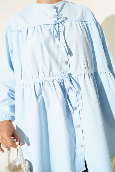 Çingene Taş Düğmeli Fiyonklu Gömlek Mavi - Resim 4