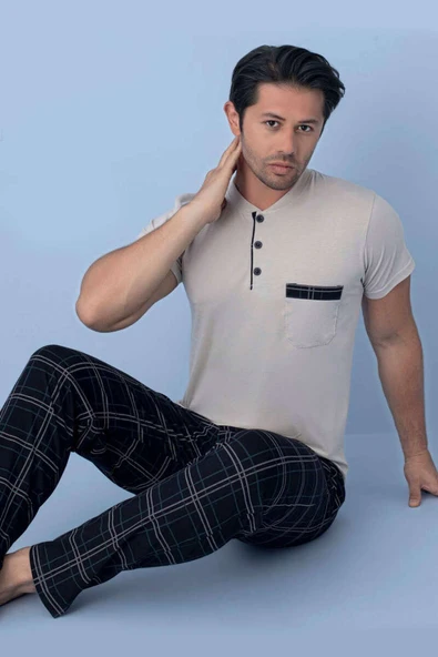 Göğüs Cep Detaylı Kısa Kol Erkek Pijama Bej ürün görseli 1