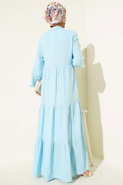 Yarım Düğmeli Hakim Yaka Müslin Elbise Mavi - Resim 3