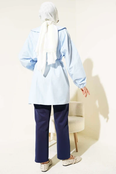 Yarım Düğmeli Nervürlü Tunik Buz Mavisi - Resim 3