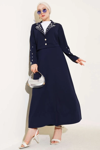 Yaka Kol Taşlı Etekli İkili Takım Lacivert - Resim 2