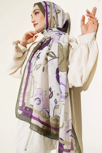 Gül Motifli Şal Haki - Resim 2