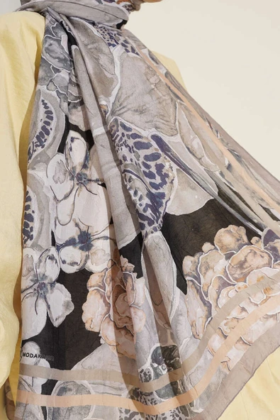 Şerit Geçişli Otantik Desenli Şal Vizon - Resim 4