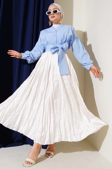 V Yaka Bağlamalı Kısa Gömlek Mavi - Resim 2