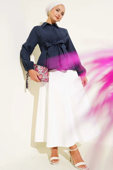 Ön Bağlamalı Kol Lastikli Tunik Lacivert - Resim 2