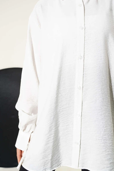 İp Bağcıklı Oversize Gömlek Beyaz - Resim 4