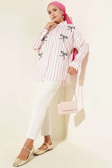 Kurdele Nakışlı Çizgili Gömlek Pembe - Resim 2
