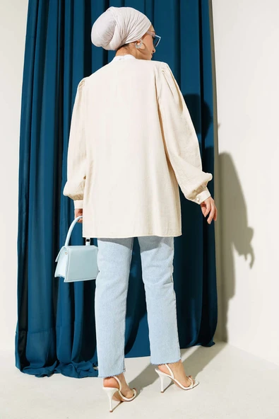 Brit Düğmeli V Yaka Gömlek Bej - Resim 3