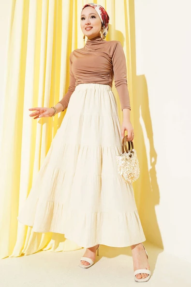 Bel Lastikli Kat Kloş Etek Bej - Resim 2