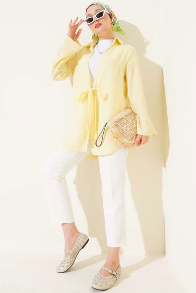 Önü Bağlama Detaylı Keten Kimono Sarı - Resim 2