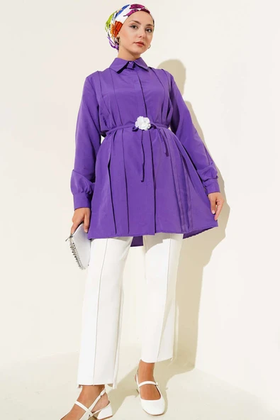 Önü Pensli İp Kuşaklı Tunik Mor - Resim 2