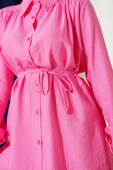 Gömlek Yaka Bel İp Kuşaklı İkili Takım Pembe - Resim 4