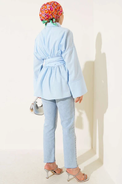 Kendinden Kuşaklı Önü Büzgülü Tunik Mavi - Resim 3