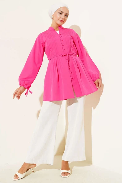 Brit Düğmeli Nervürlü Tunik Pers Gülü - Resim 2