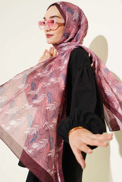 Tropikal Yaprak Desen Şal Acı Kahve ürün görseli 1