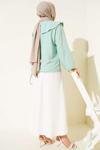 Güpürlü Denizci Yaka Kısa Gömlek Çağla Yeşili - Resim 3