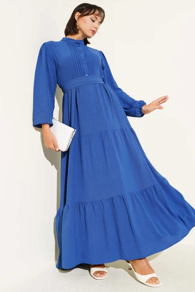 Yarım Piliseli Düğmeli Elbise Indıgo ürün görseli 1