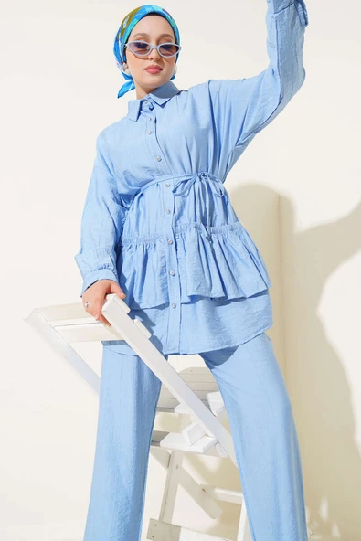 Eteği Fırfırlı İp Kuşaklı İkili Takım Mavi ürün görseli 1