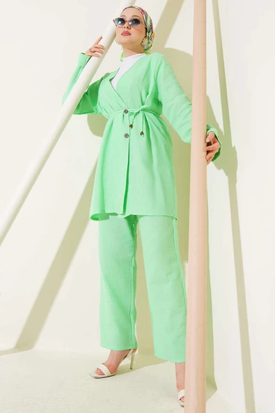 Düğmeli İp Kuşaklı Müslin İkili Takım Su Yeşili ürün görseli 1