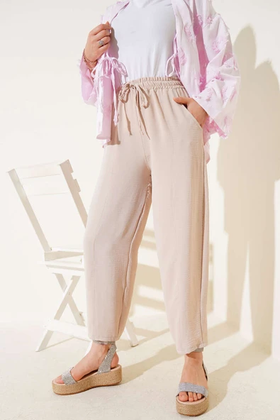 Çımalı Belinden Bağlamalı Pantolon Bej - Resim 2