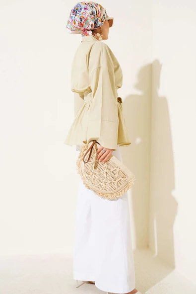 Kuşak Büzgülü Yarım Düğmeli Tunik Lime - Resim 3