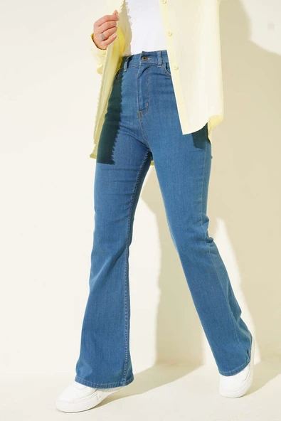 Dikişli İspanyol Paça Kot Pantolon Orta Mavi - Resim 2