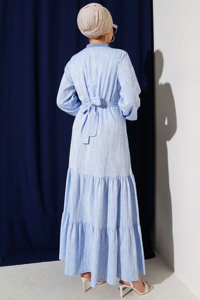 Yaka Ve Kol Ribanalı Elbise Mavi - Resim 3