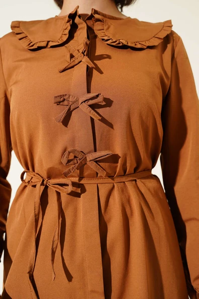 Yaka Fırfırlı Fiyonklu Tunik Taba - Resim 4