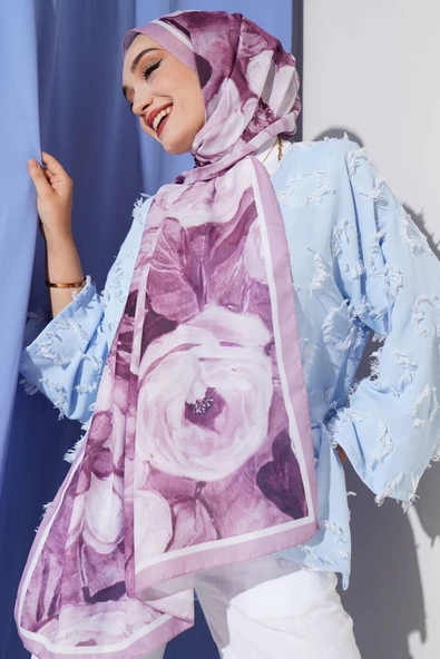 Gül Şerit Geçişli Şal Pudra - Resim 2