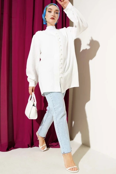 Brit Düğmeli V Yaka Gömlek Beyaz - Resim 2
