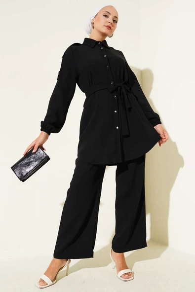 Belden Bağlamalı Omuz Düğmeli İkili Takım Siyah ürün görseli 1