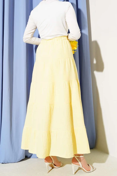 Bel Lastikli Kat Kloş Etek Sarı - Resim 3