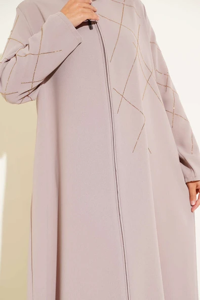 Baklava Desen Taşlı Fermuarlı Ferace Bej - Resim 4