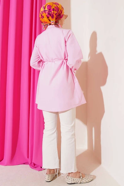 Brit Düğmeli Nervürlü Tunik Pembe - Resim 3