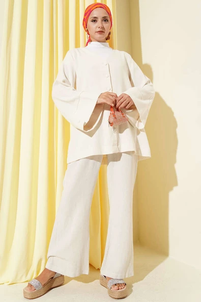 V Yaka Salaş Keten Gömlek Bej - Resim 2