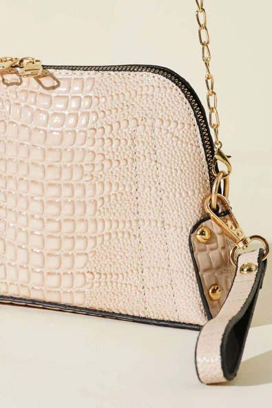 Fermuarlı Zincir Askılı Çanta Krem - Resim 3