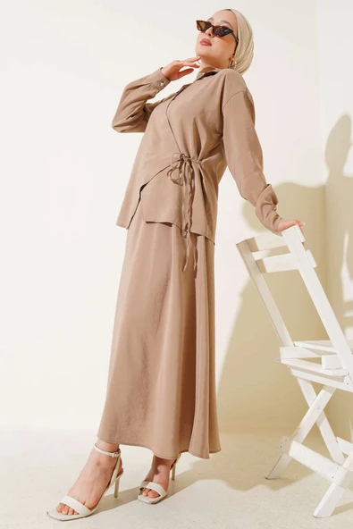 Yanı İp Bağlamalı Etekli İkili Takım Vizon ürün görseli 1