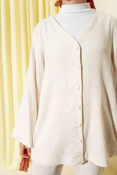 V Yaka Salaş Keten Gömlek Bej - Resim 4