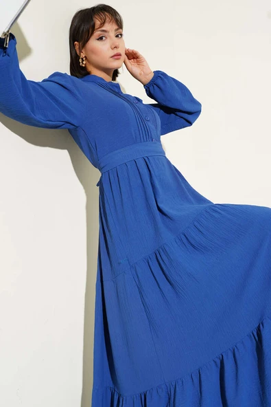 Yarım Piliseli Düğmeli Elbise Indıgo - Resim 2