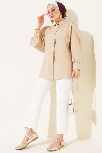 Omuz Pile Detaylı Gömlek Bej - Resim 2