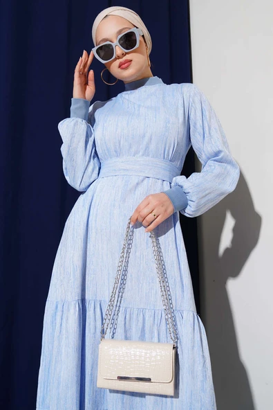 Yaka Ve Kol Ribanalı Elbise Mavi - Resim 2