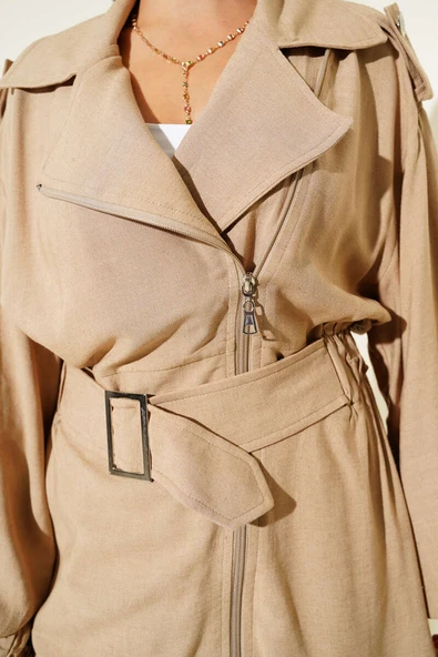 Çapraz Fermuarlı Kemerli Ceket Camel - Resim 4