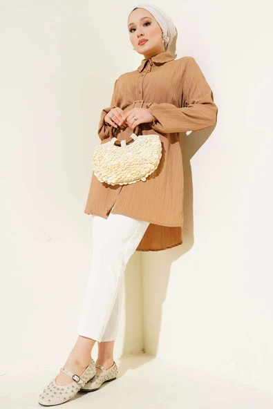 Kemerli Krinkıl Gömlek Latte - Resim 2