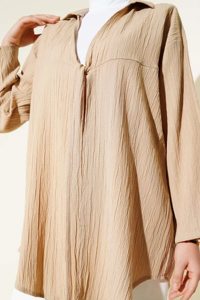 Önü Bağlamalı Ağaç Kabuğu Kimono Latte - Resim 4