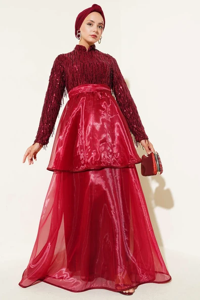 Pul Payetli Püsküllü Abiye Elbise Bordo - Resim 2