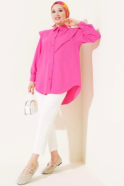 V Detaylı Gömlek Fuşya - Resim 2