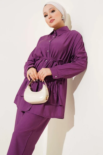 Eteği Fırfırlı İp Kuşaklı İkili Takım Magenta - Resim 2