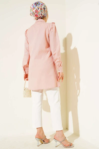 Önü Fırfır Taş Şerit Geçişli Düğmeli Gömlek Pudra - Resim 3